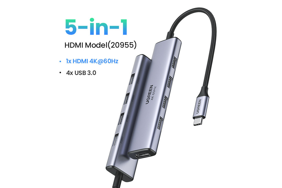 Hub chuyển đổi Ugreen Type-C sang 4*USB3.0 & HDMI CM478